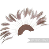 Petershams Millinery Supplies stripped hackle feather fan in mink on a half-circle cotton base for hat trimming.