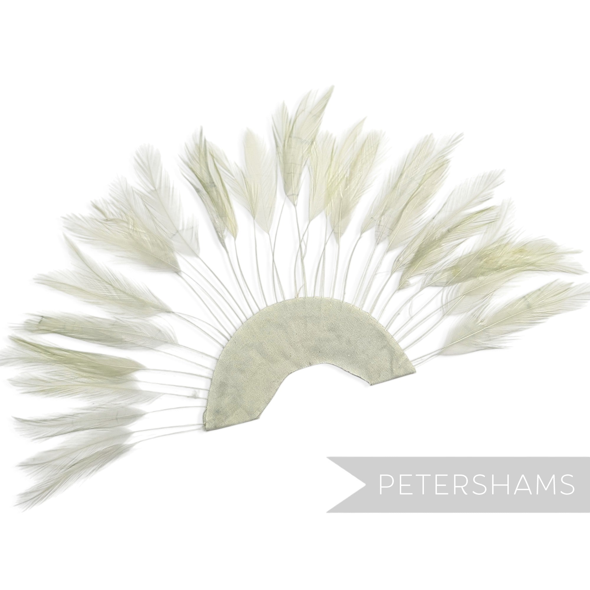 Petershams Millinery Supplies pale sage stripped hackle feather fan on a cotton base for hat and fascinator trimming.