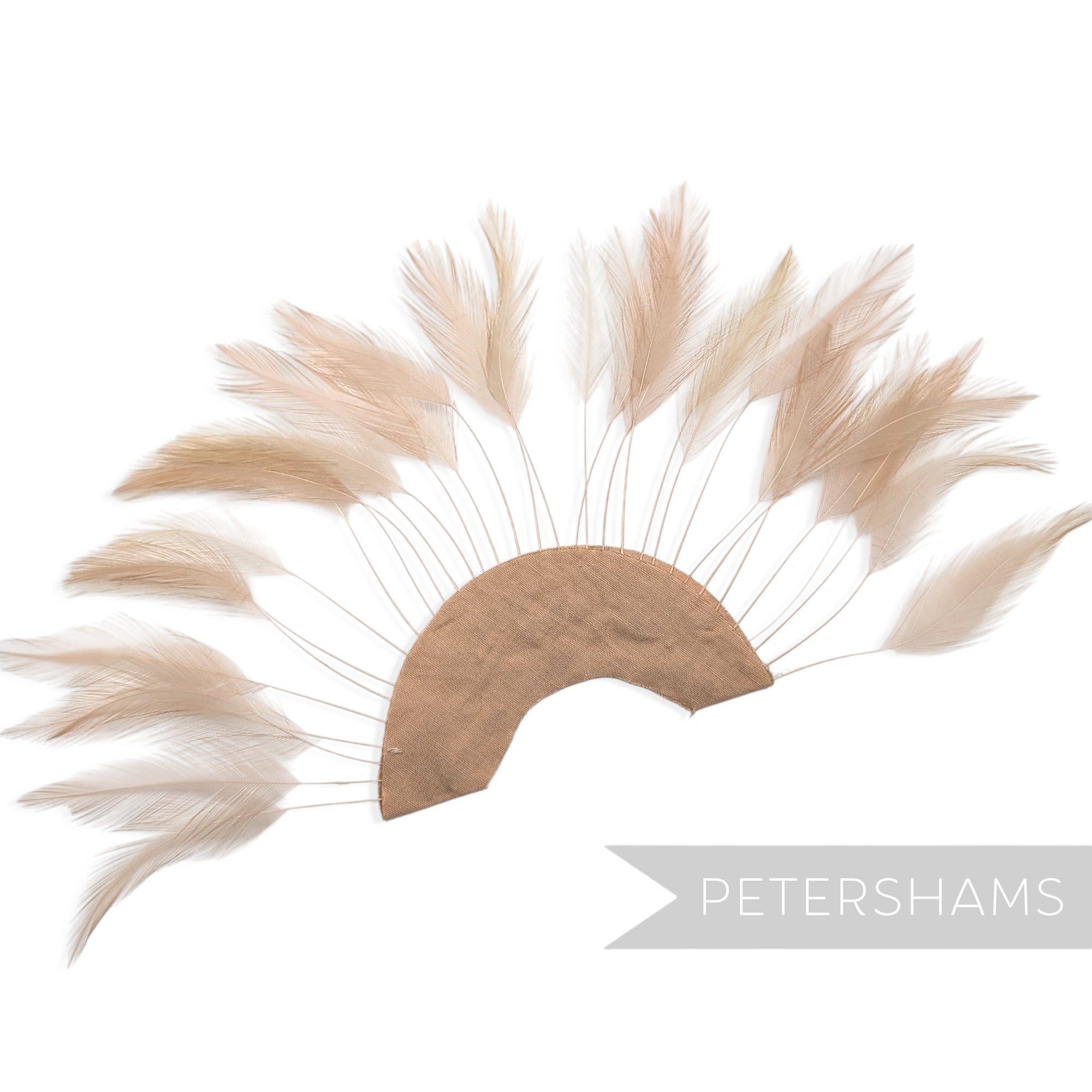 Petershams Millinery Supplies latte stripped hackle feather fan on a cotton base for hat and fascinator trimming.