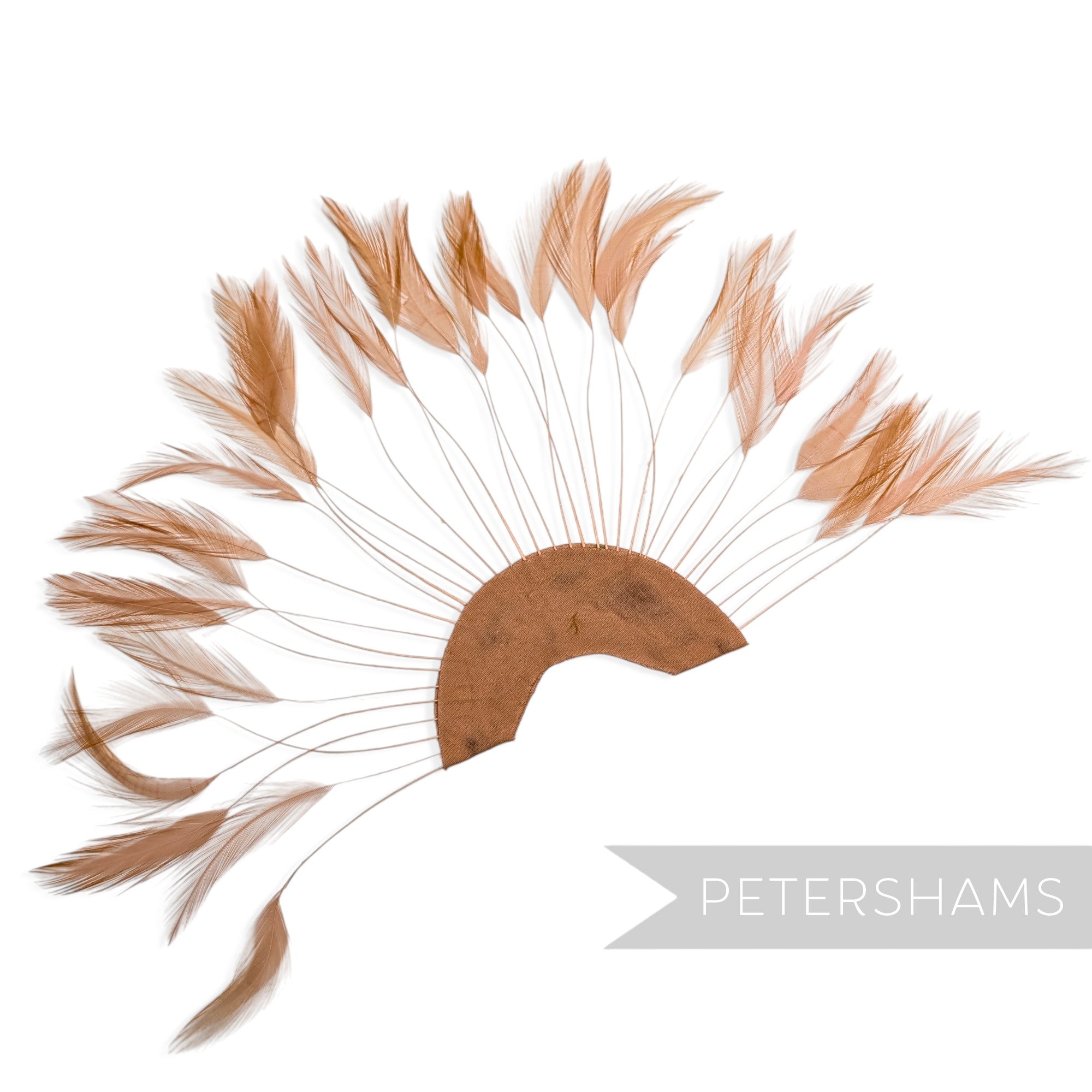 Petershams Millinery Supplies stripped hackle feather fan in blush attached to a half-circle cotton base for millinery