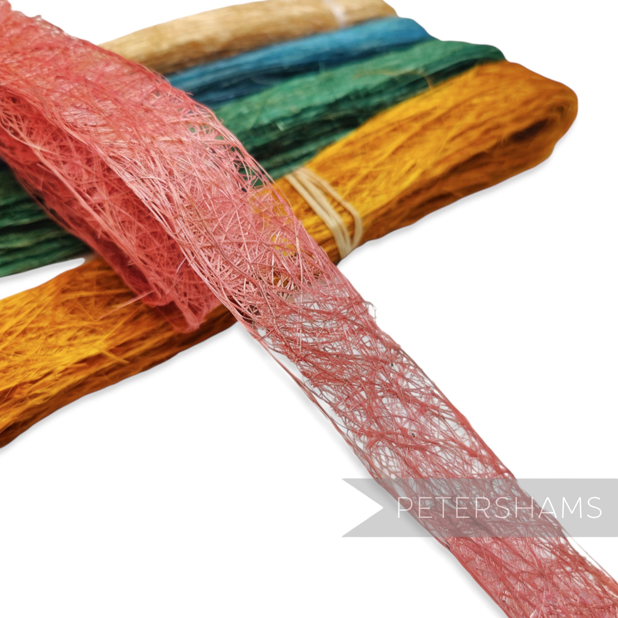 Petershams Millinery Supplies Tangle Tuft sinamay tape in pink, teal, green, and yellow. Sustainable abaca fibre trim, 25-35mm wide, 4.5m bundle.