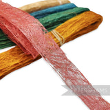 Petershams Millinery Supplies Tangle Tuft sinamay tape in pink, teal, green, and yellow. Sustainable abaca fibre trim, 25-35mm wide, 4.5m bundle.