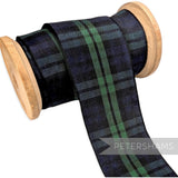 Petershams Millinery Supplies 40mm tartan woven edge ribbon in navy and green on a wooden spool