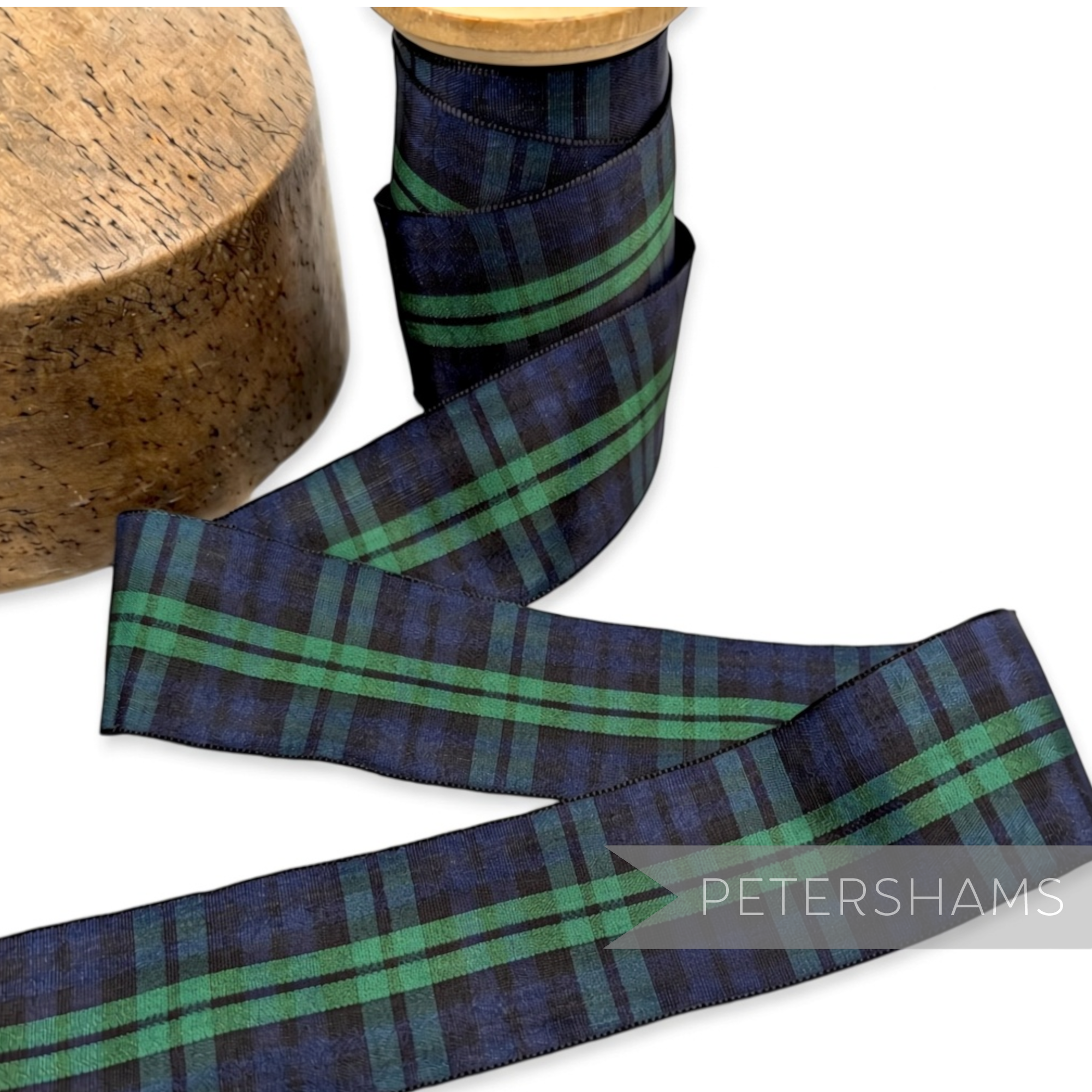 Petershams Millinery Supplies 40mm woven edge tartan ribbon in navy and green polyester for millinery and crafts