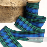 Petershams Millinery Supplies 40mm blue and green tartan woven edge polyester ribbon on a wooden spool