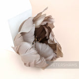 Petershams Millinery Supplies large tulip-shaped flower made from taupe goose nagorie feathers with central stamens.