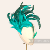 Petershams Millinery Supplies extra large teal and green chinchilla pattern coque and hackle feather hat mount