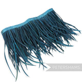 Petershams Millinery Supplies extra long teal goose biot feather fringe on a stitched satin ribbon binding