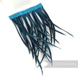 Petershams Millinery Supplies extra long teal goose biot feather fringe on a blue satin ribbon binding