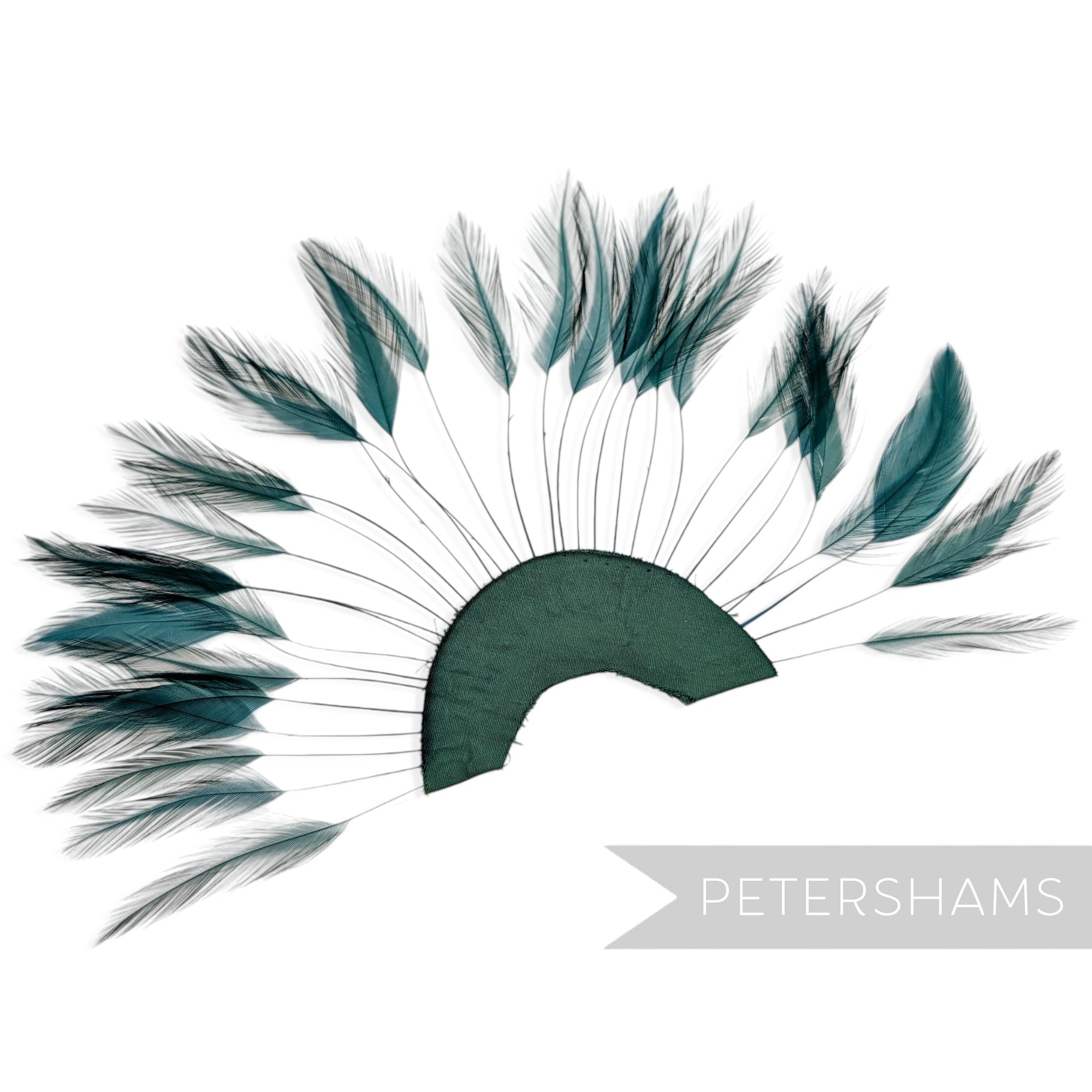 Petershams Millinery Supplies bottle green stripped hackle feather fan on a green cotton base for hat trimming.