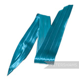 Petershams Millinery Supplies teal satin puggaree hat band with pleated design and metal pin tab for easy attachment