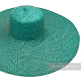 Petershams Millinery Supplies extra large teal strip straw capeline hat body with a wide brim and stiff cane edge.