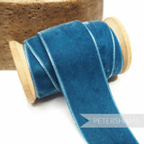 Petershams Millinery Supplies 36mm wide teal blue French velvet ribbon on a wooden spool