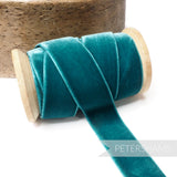 Petershams Millinery Supplies 24mm wide vintage teal rayon velvet ribbon on a wooden spool