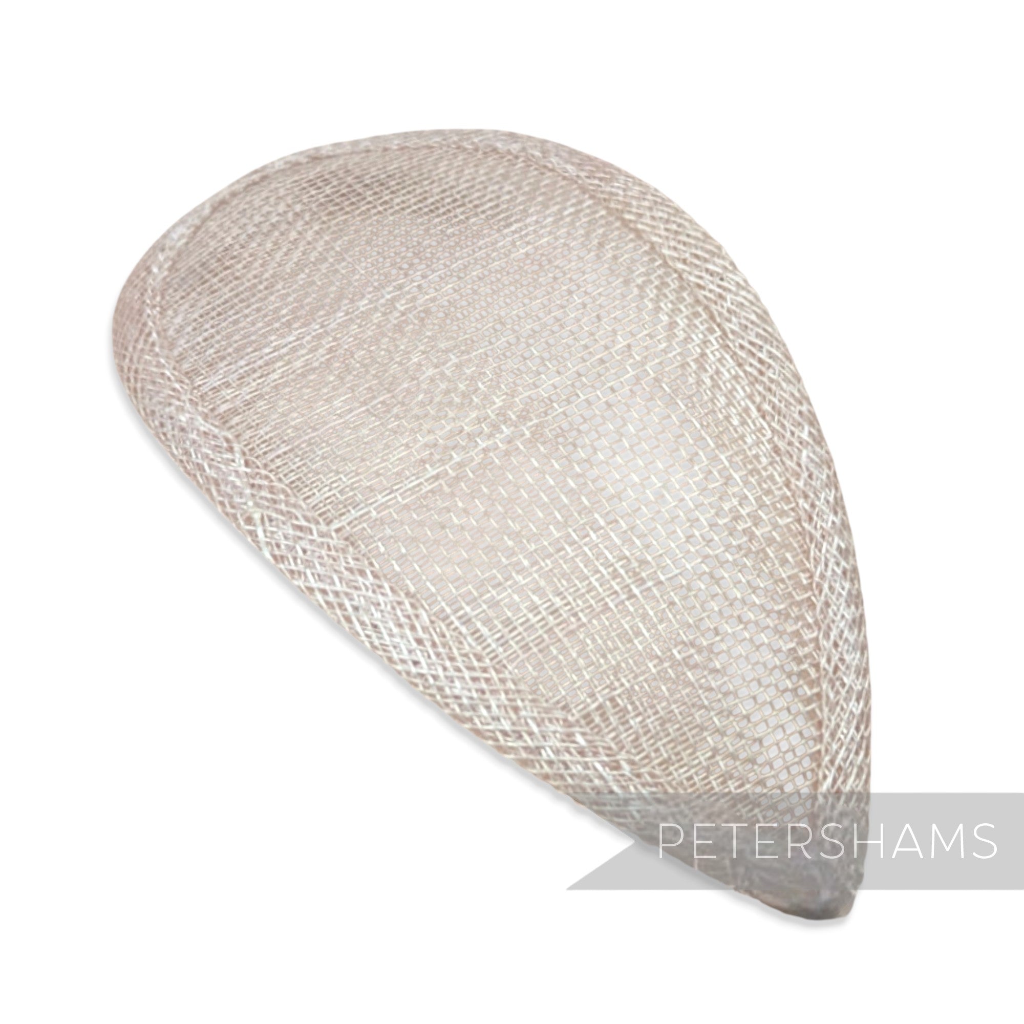 Petershams Millinery Supplies teardrop shaped sinamay hat base rose pink in a with wired edges.