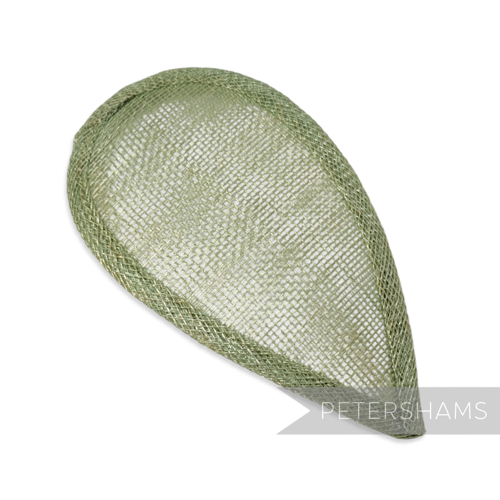 Petershams Millinery Supplies sage green teardrop shaped sinamay hat base with wired edges for millinery projects.