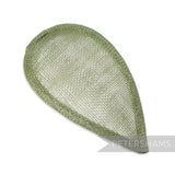 Petershams Millinery Supplies sage green teardrop shaped sinamay hat base with wired edges for millinery projects.