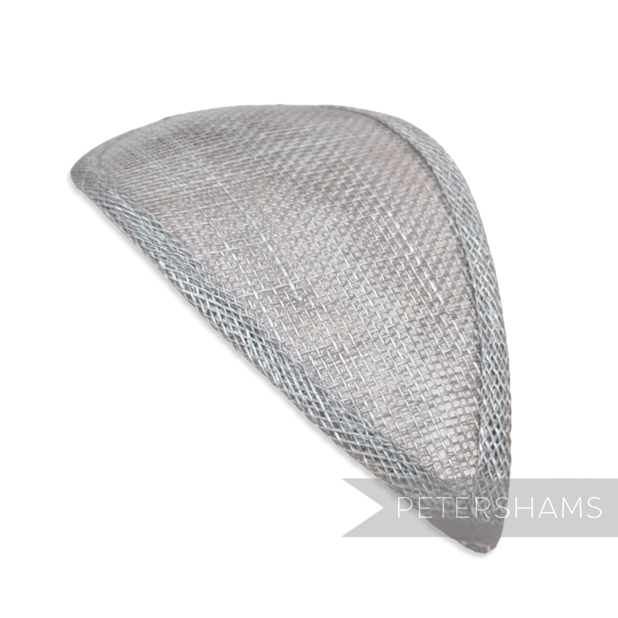Petershams Millinery Supplies teardrop shaped sinamay hat base in a pale grey with wired edges.