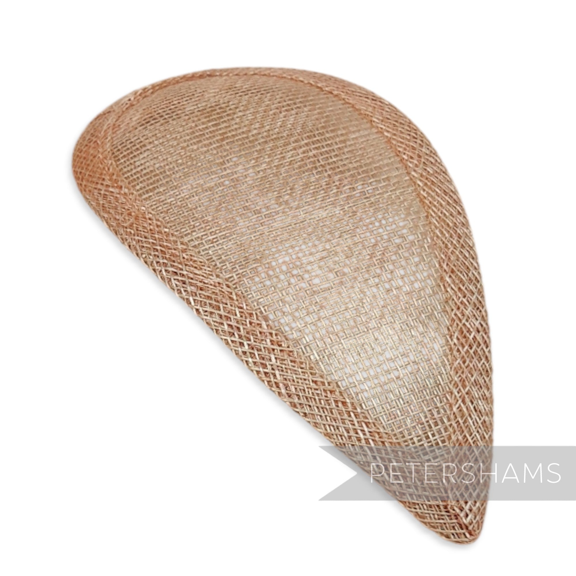 Petershams Millinery Supplies teardrop shaped sinamay hat base in a latte brown woven straw texture.