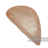 Petershams Millinery Supplies teardrop shaped sinamay hat base in a latte brown woven straw texture.