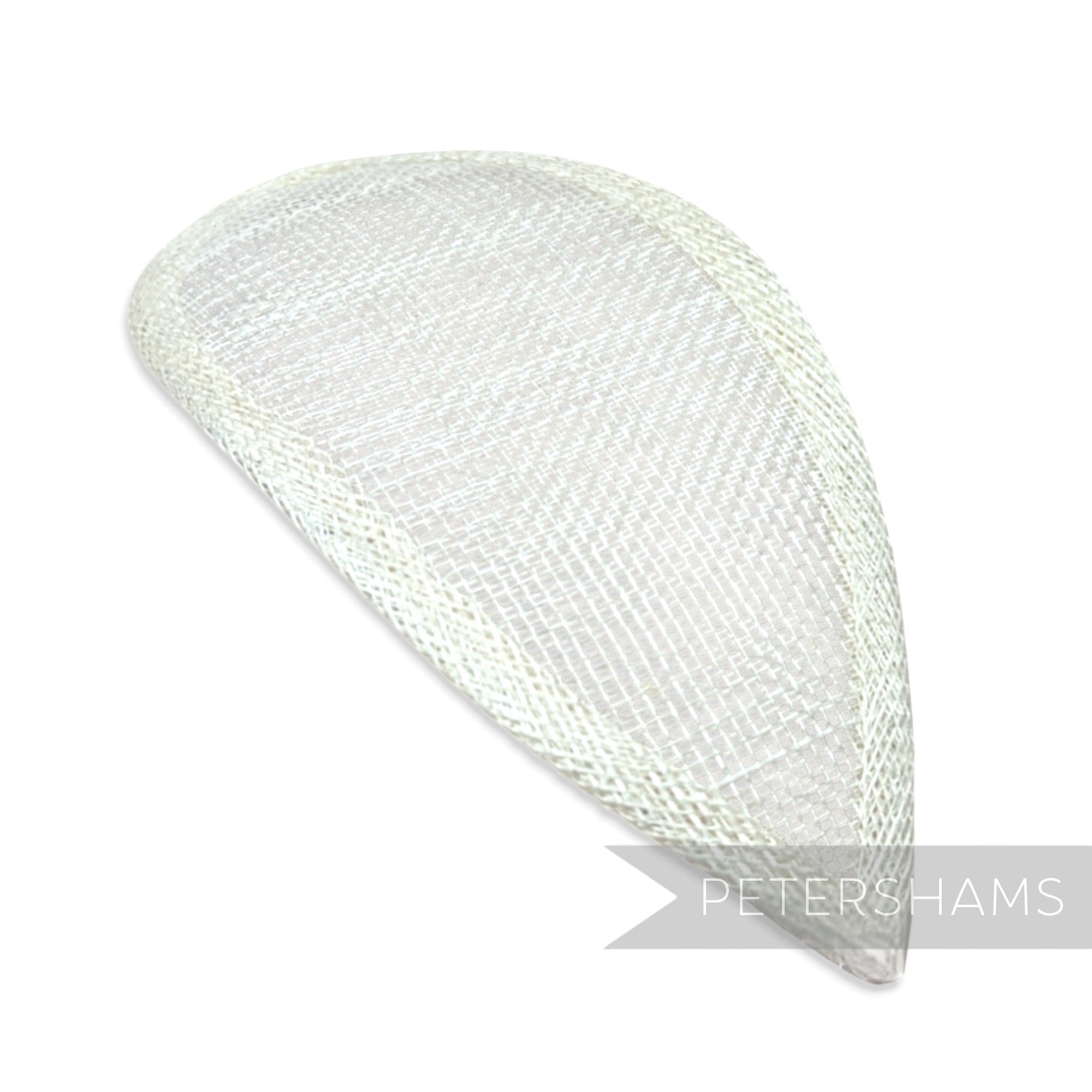 Petershams Millinery Supplies teardrop shaped white sinamay hat base with wired edges for millinery projects