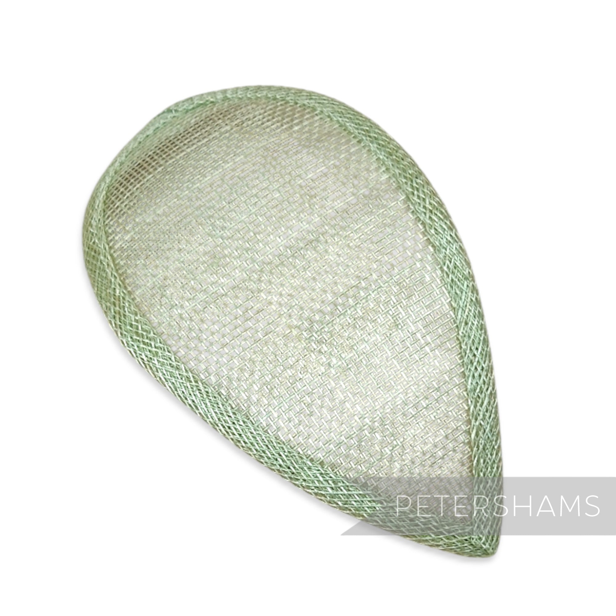 Petershams Millinery Supplies teardrop shaped mint green sinamay hat base with wired edges for millinery projects.