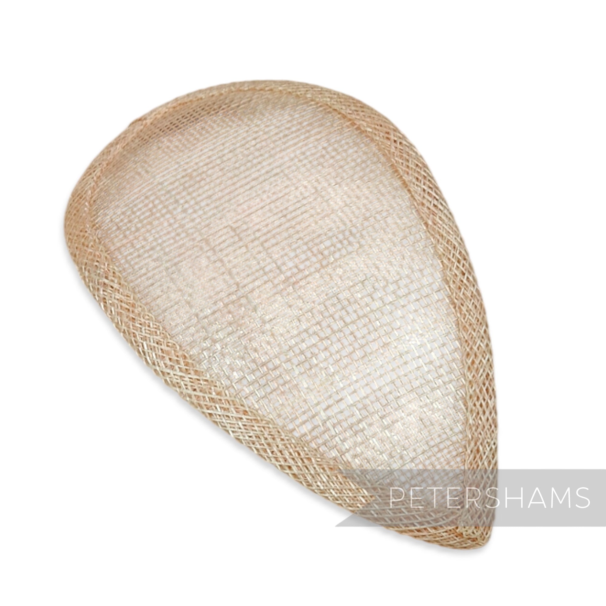 Petershams Millinery Supplies teardrop shaped sinamay hat base in a light beige woven straw texture.