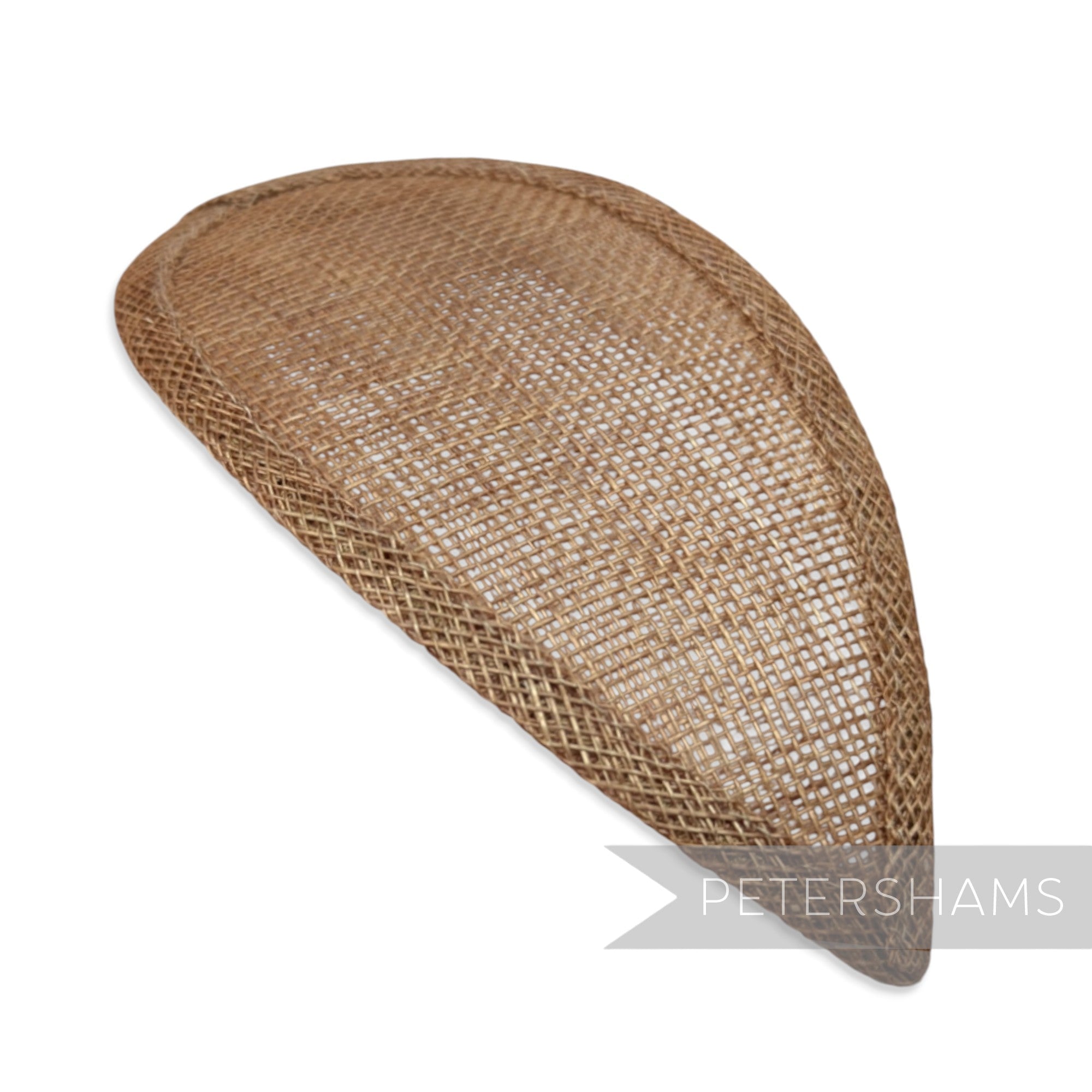 Petershams Millinery Supplies teardrop shaped sinamay hat base in a toffee woven straw texture.