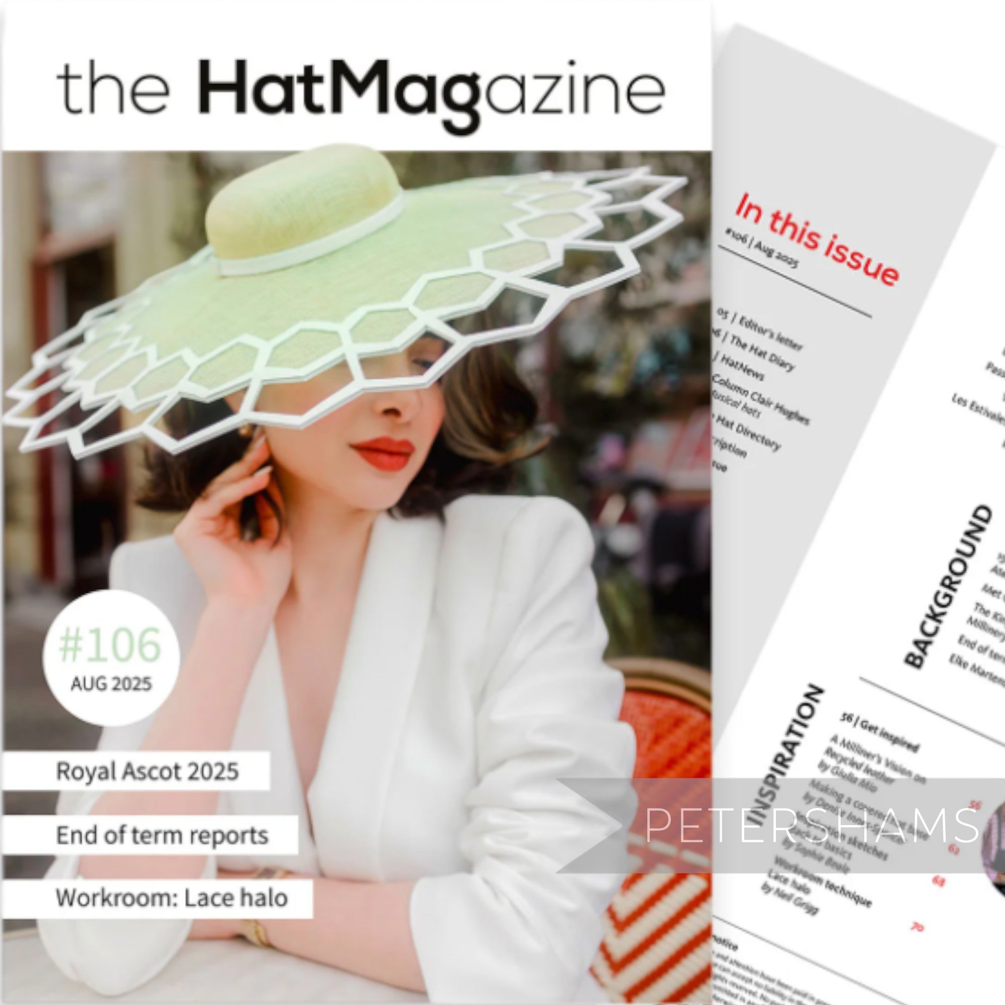 Petershams Millinery Supplies THE HAT Magazine August 2025 issue featuring a woman wearing a large lime green hat