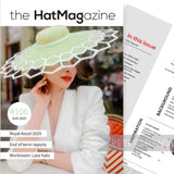 Petershams Millinery Supplies THE HAT Magazine August 2025 issue featuring a woman wearing a large lime green hat