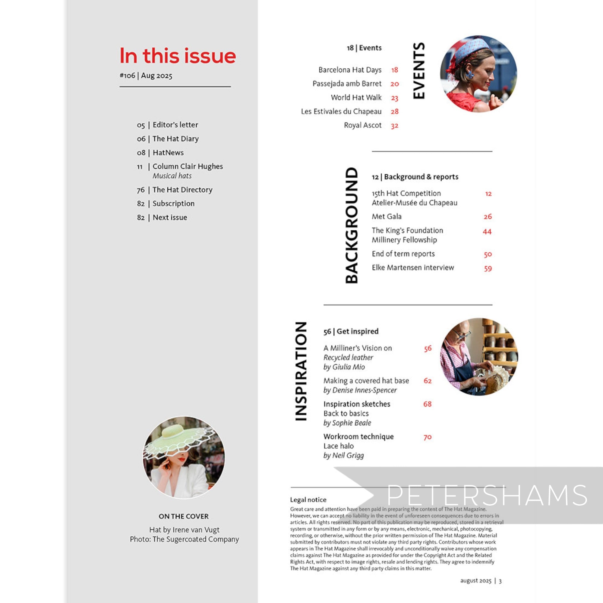 Petershams Millinery Supplies THE HAT Magazine August 2025 issue table of contents page with millinery articles