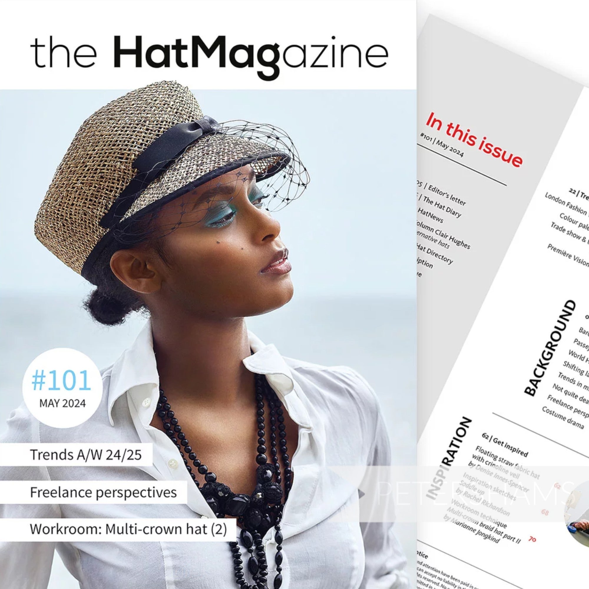 Petershams Millinery Supplies The HAT Magazine May 2024 issue cover featuring a model wearing a straw hat with veil