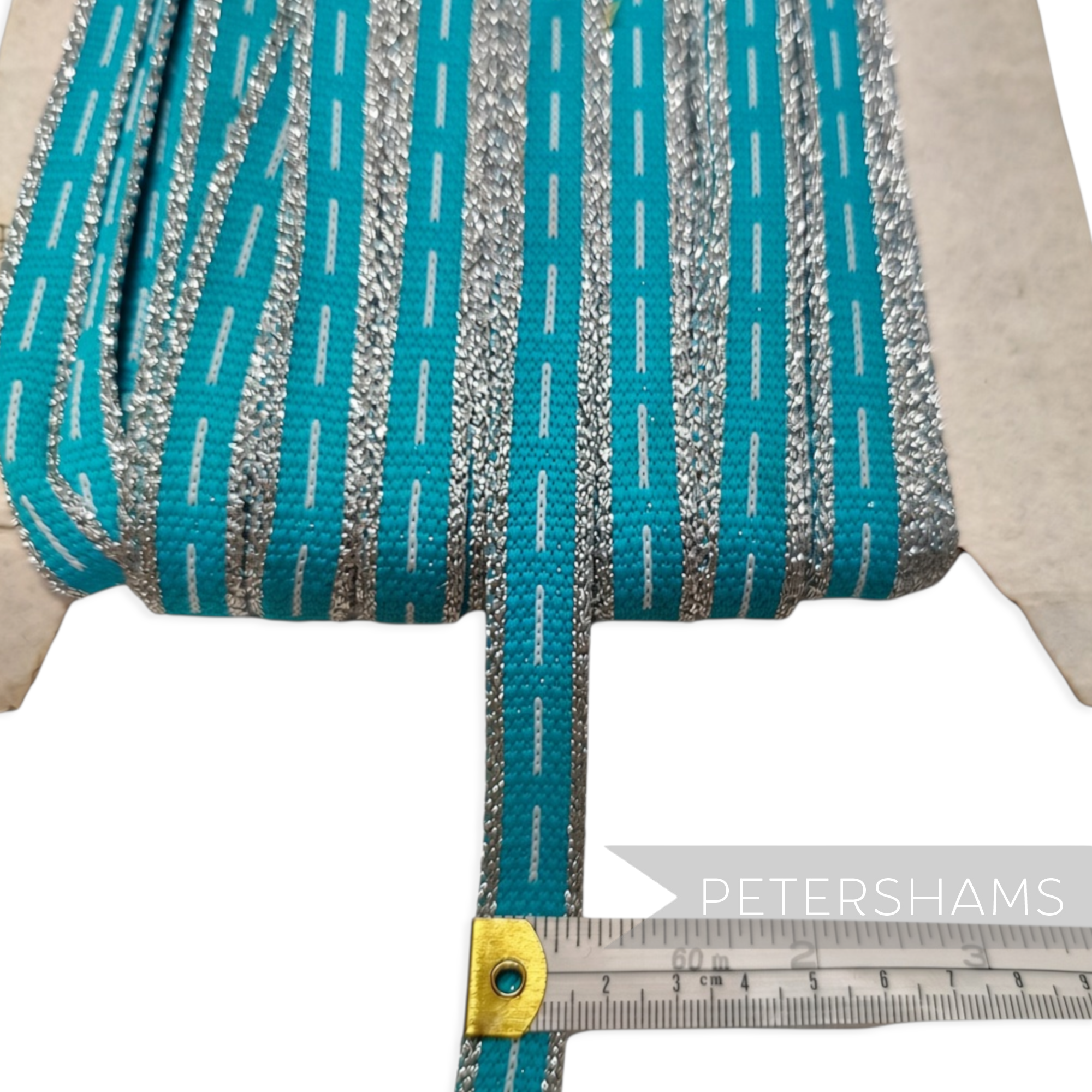 Petershams Millinery Supplies 15mm turquoise and silver metallic lurex vintage 1960s mod polyester trim on a spool