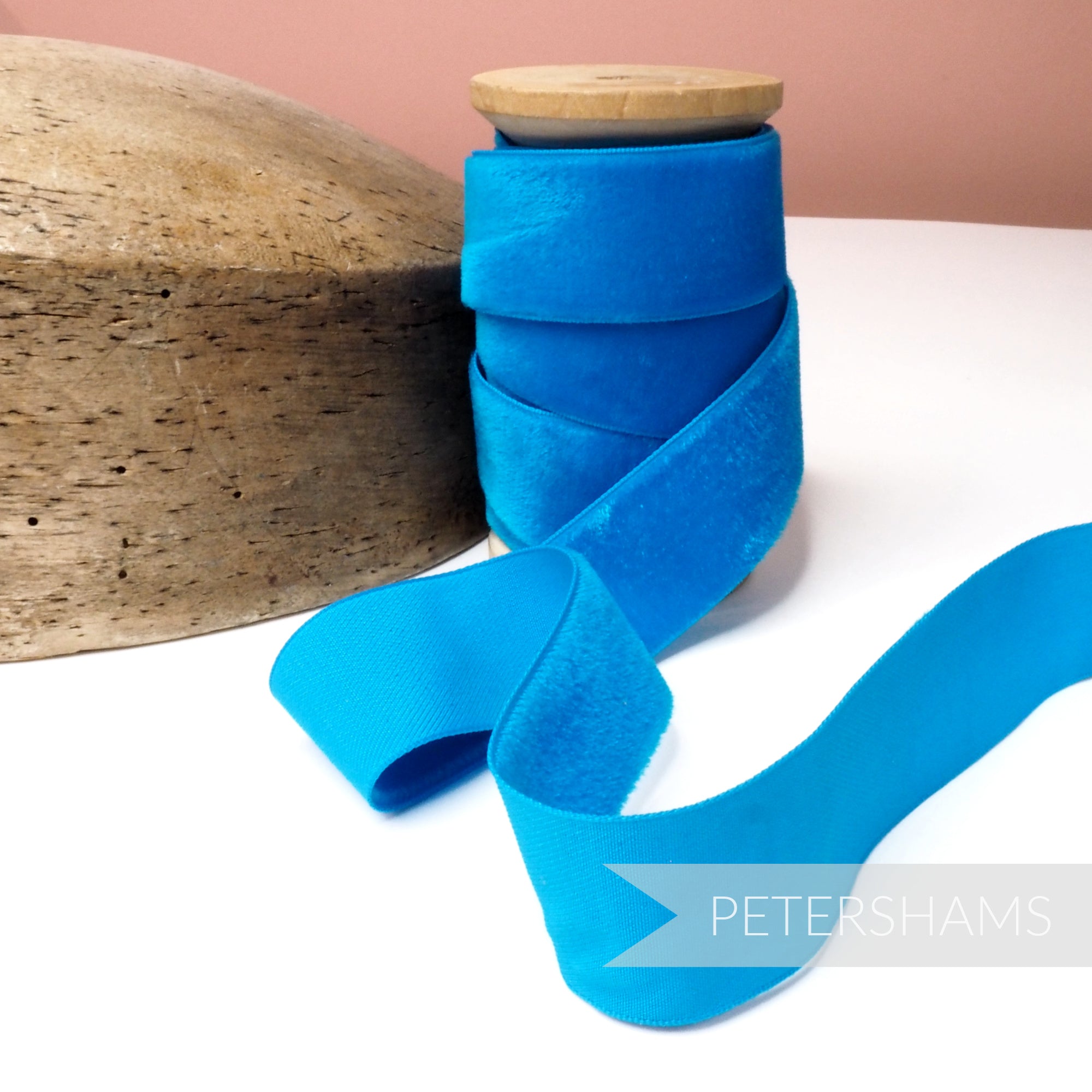 Petershams Millinery Supplies 28mm deep turquoise vintage rayon velvet ribbon on a wooden spool