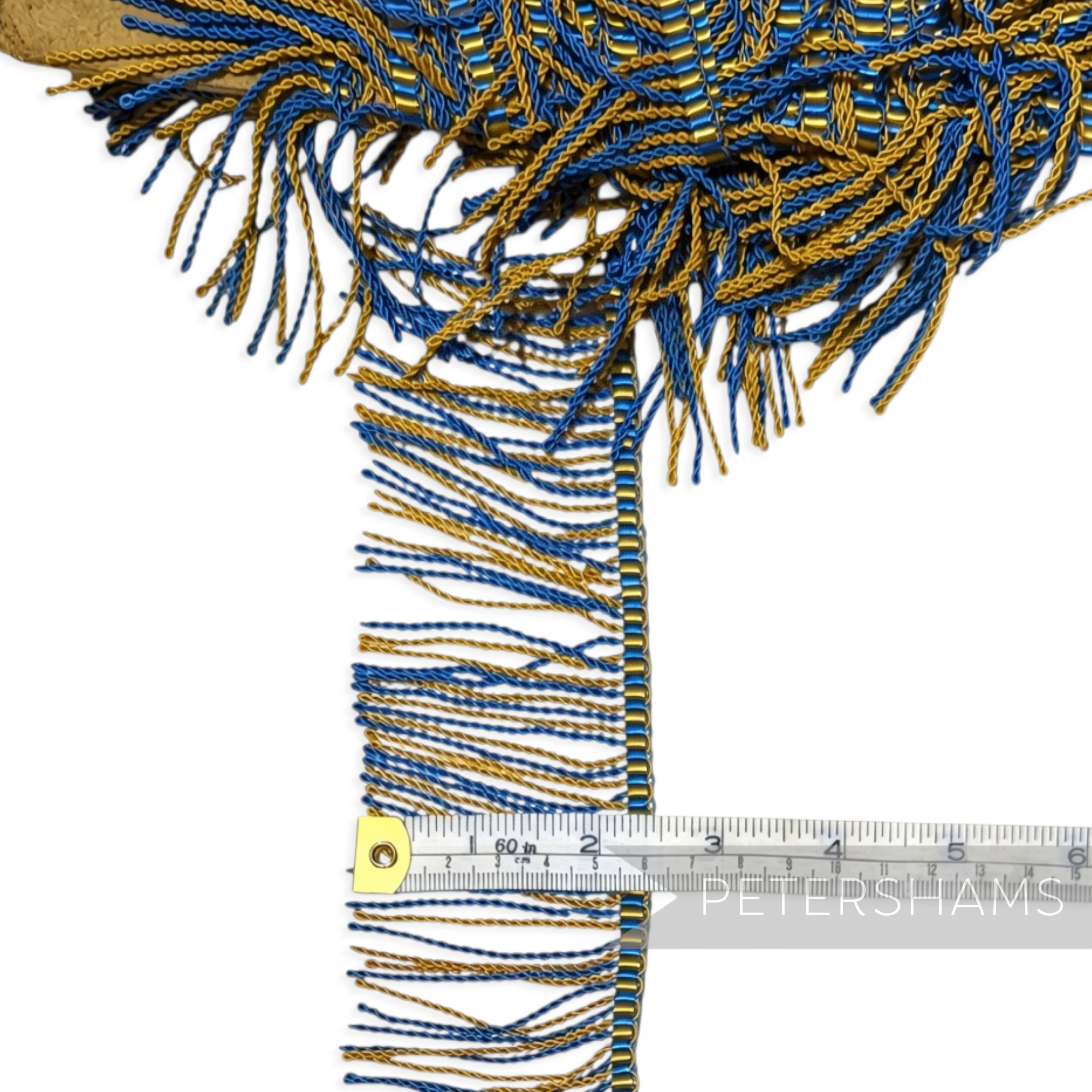 Petershams Millinery Supplies vintage two-tone blue and gold twisted rayon fringe trim with woven top edge
