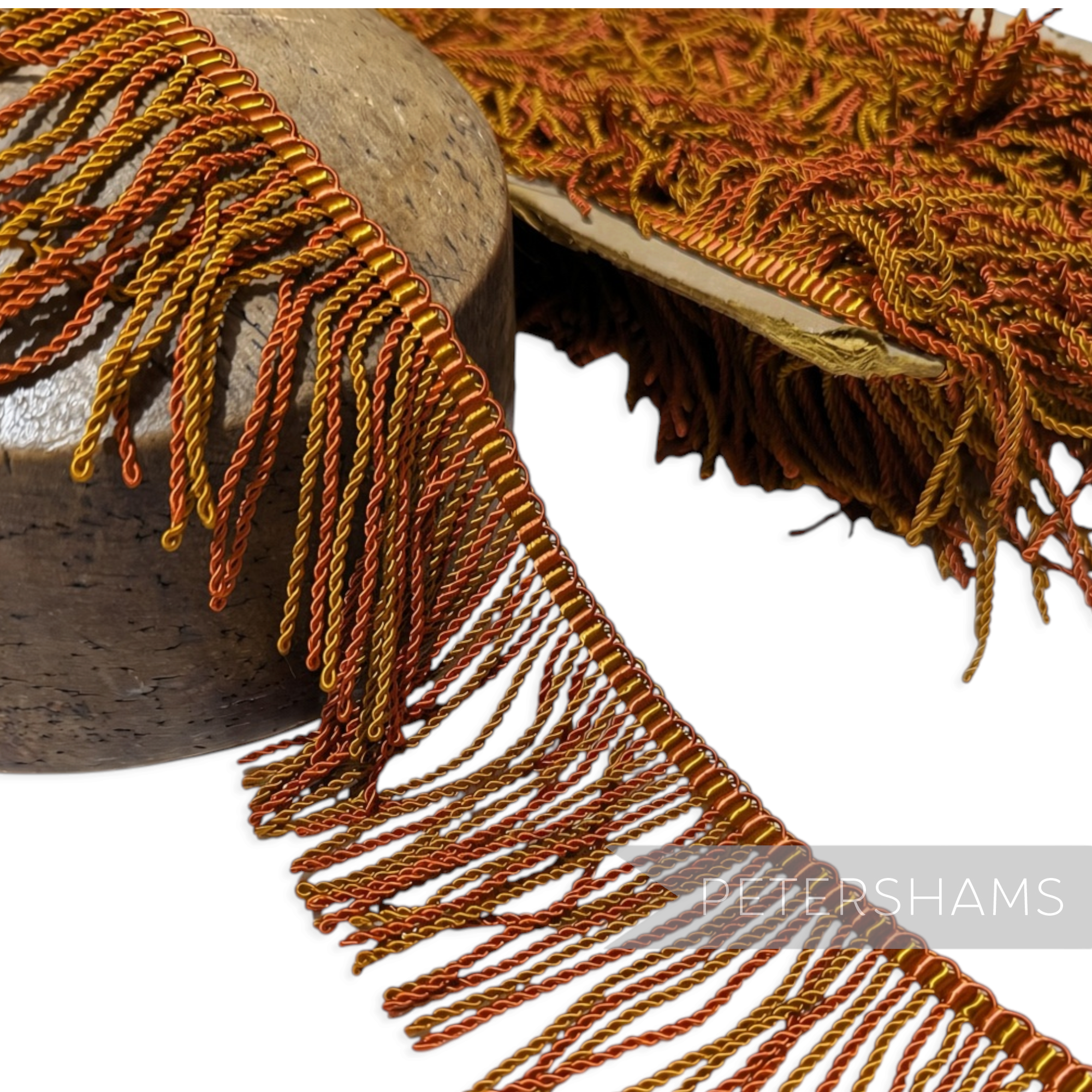 Petershams Millinery Supplies vintage two-tone orange and brown twisted silky rayon fringe trim with woven top edge