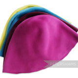 Petershams Millinery Supplies extra large peachbloom velour fur felt hat cones in vibrant pink, blue, and yellow.