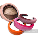 Petershams Millinery Supplies velvet 40mm super padded headbands in assorted pink, orange, and mauve colours.
