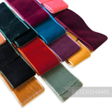 Petershams Millinery Supplies lucky dip pack of assorted colourful velvet ribbon remnants in various widths.