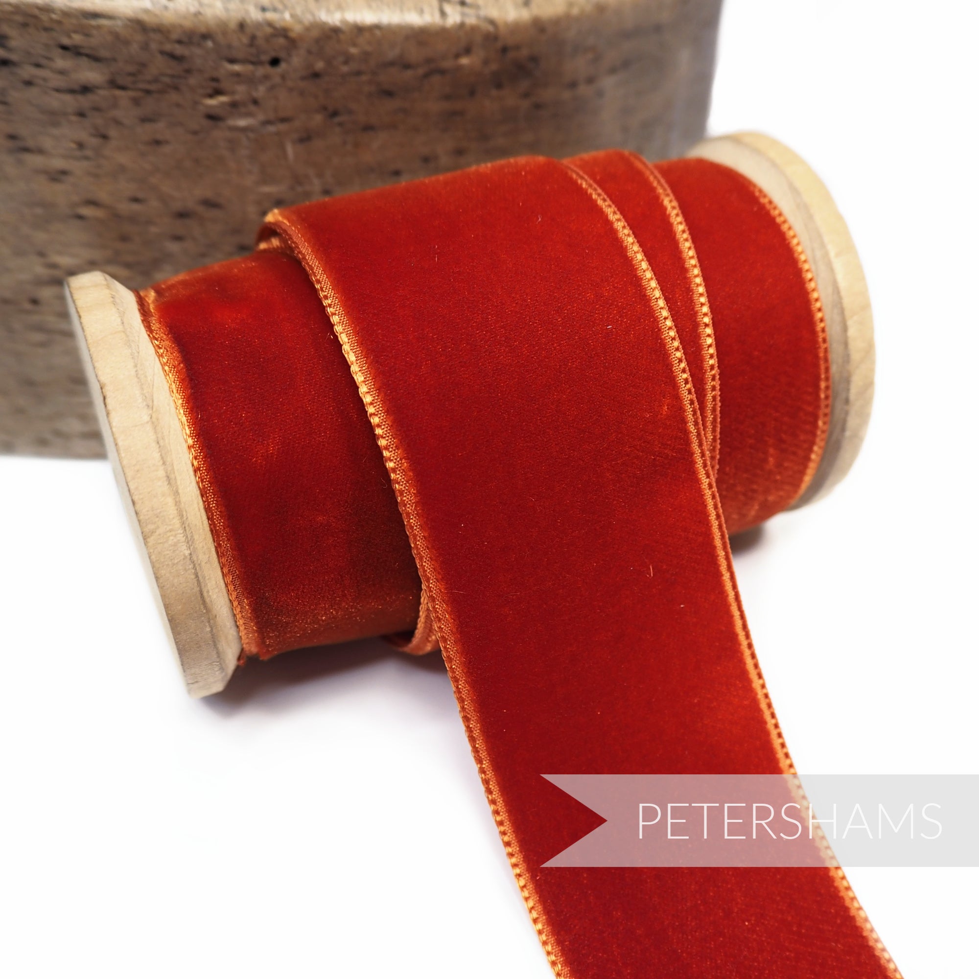 Petershams Millinery Supplies 36mm auburn French velvet ribbon on a wooden spool for millinery and craft project
