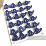Petershams Millinery Supplies vintage 1940s blue Alpine hat buttons with rope and flower relief detail.