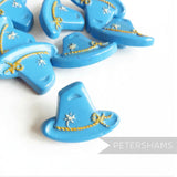 Petershams Millinery Supplies vintage 1940s blue Alpine hat buttons with rope and flower relief detail