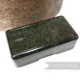 Petershams Millinery Supplies vintage 1930s green mottled Bakelite pin box with embossed lid detail