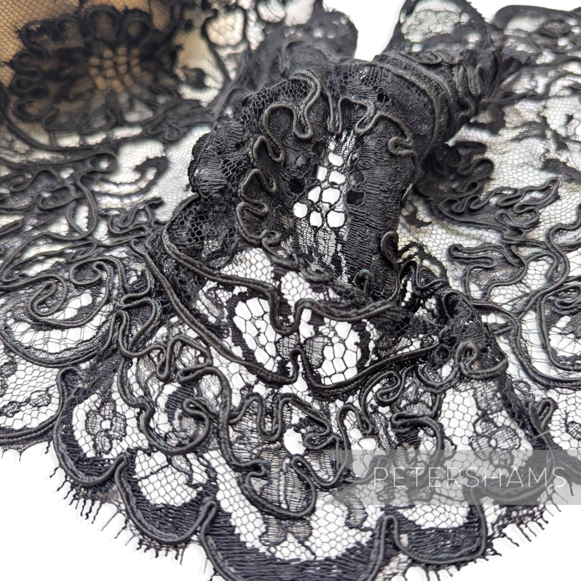 Petershams Millinery Supplies vintage 1980s black floral lace trim with silky cords and double scallop eyelash edge