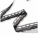 Petershams Millinery Supplies vintage 1950s black cotton lace trim with ribbon holes, 15mm wide.