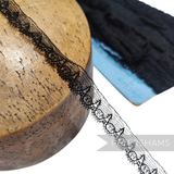 Petershams Millinery Supplies vintage black 15mm scalloped fine cotton lace trim draped over a wooden hat block