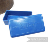 Petershams Millinery Supplies vintage blue Bakelite pin box with lidded rectangular design from the 1930s or 1940s