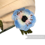 Petershams Millinery Supplies vintage 1960s blue silk anemone flower with a fuzzy center and bendable wired stem.