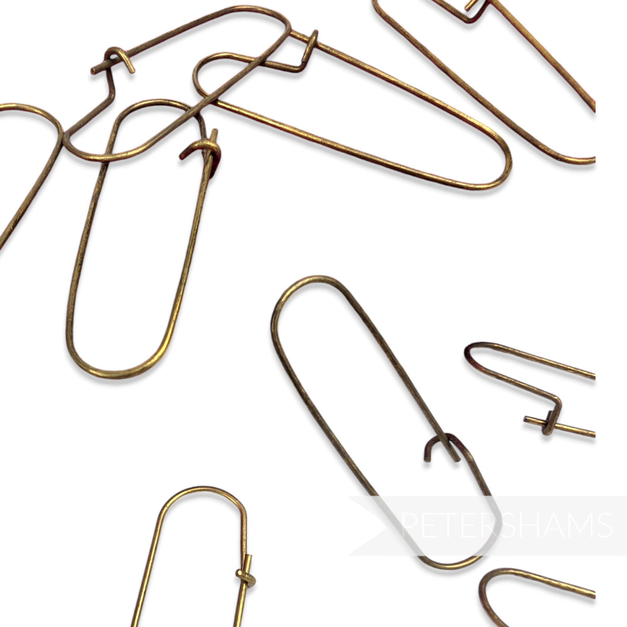 Petershams Millinery Supplies vintage 42mm brass clasp safety pins with a natural patina for labels and swing tags