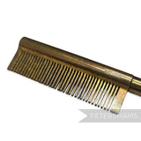 Petershams Millinery Supplies vintage 1940s brass hair straightener comb with wooden handle, made in Germany.